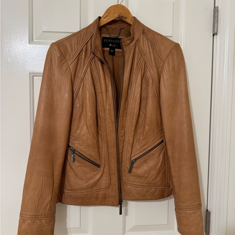 Bernardo Tan Leather Jacket Modern Fitted Silhouette